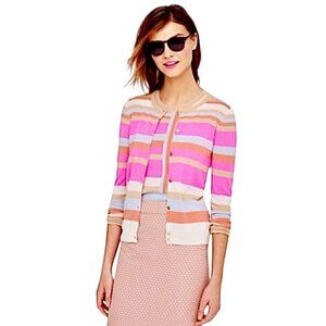 J.Crew Collection Cashmere Cardigan Sz.XL Pink Stripes Button Front Crewneck
